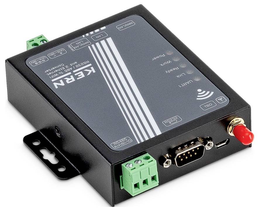 Ein schwarzes elektronisches Gerät mit Anschlüssen und einer roten Antenne, mit der Bezeichnung „KERN