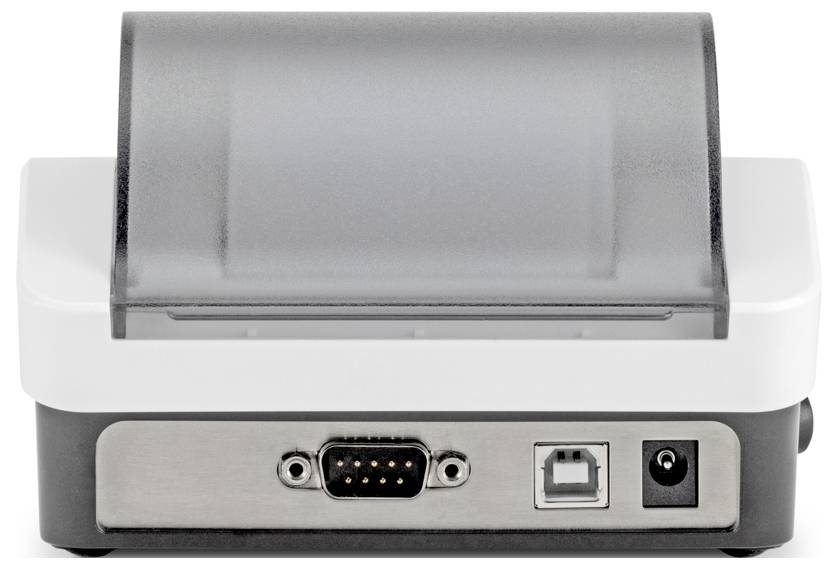 Rückansicht eines kleinen elektronischen Geräts mit einer Rollabdeckung, mit serieller Schnittstelle, USB-Anschluss und Stromeingabe.