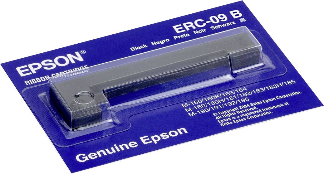 Spule ERC-09B Farbband von Epson auf blauer Verpackung, beschriftet für M-160/M-180/weitere Modelle, in Schwarz. Text: 