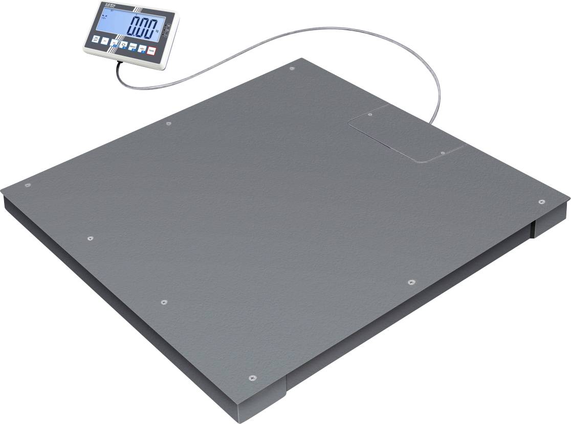 Eine flache graue digitale Plattformwaage mit kabelgebundenem Display, das 