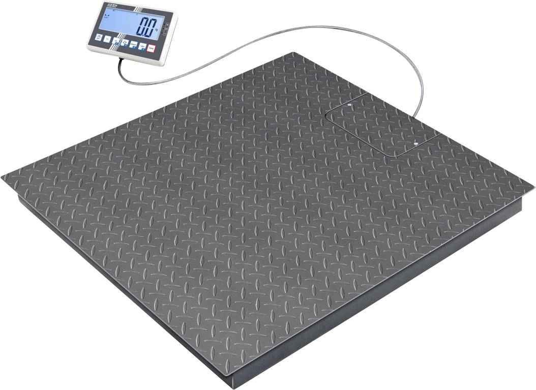Eine digitale Bodenwaage mit einer Metallplattform und einem verbundenen Display, das Null anzeigt.