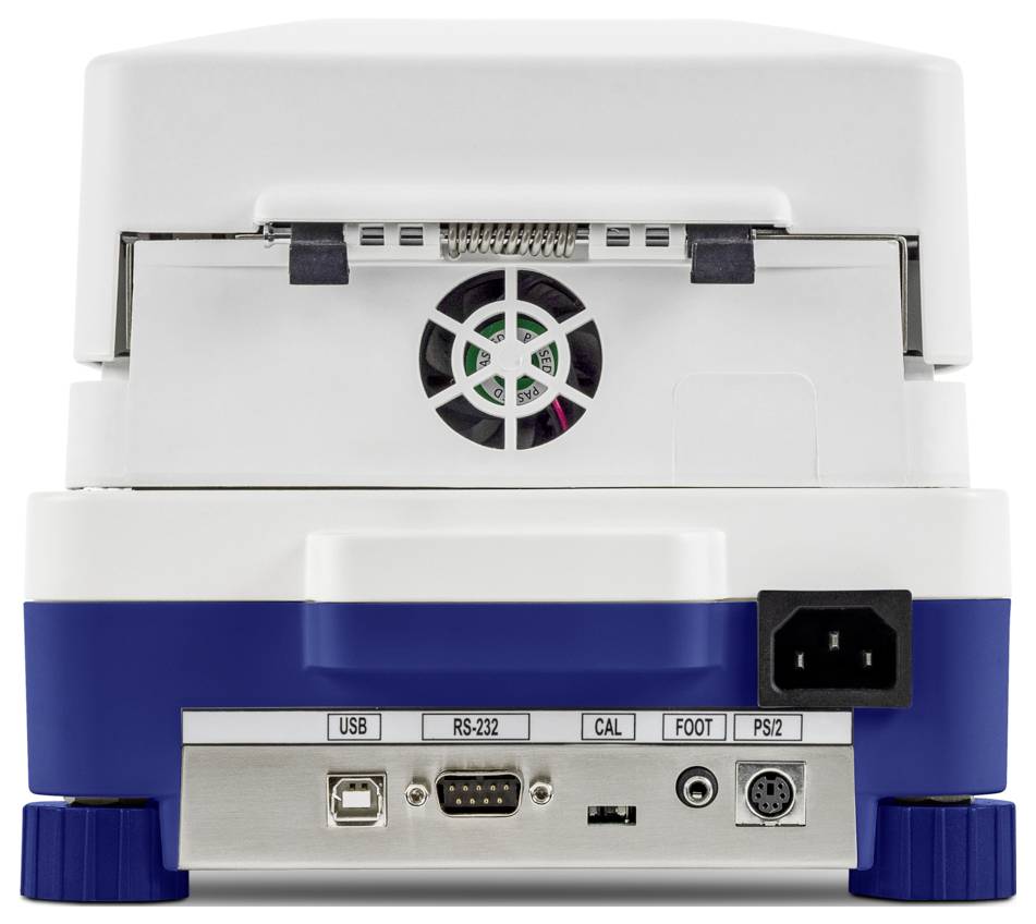 „Rückansicht von Laborgeräten mit Anschlüssen: USB, RS-232, CAL, FOOT, PS/2 und Stromeingang. Zentraler Lüfter zur Belüftung.