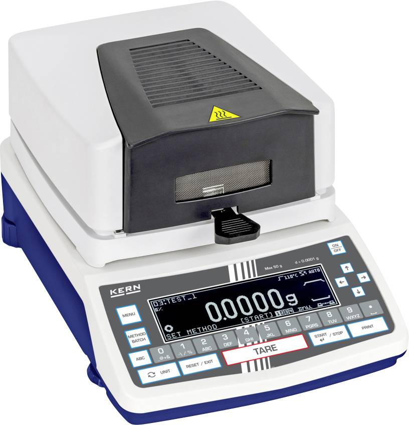 KERN Feuchteanalysator mit digitaler Anzeige, die 0,0000g anzeigt, Tasten für Tarieren, Start und Stopp, verwendet für präzise Gewichtsmessungen.