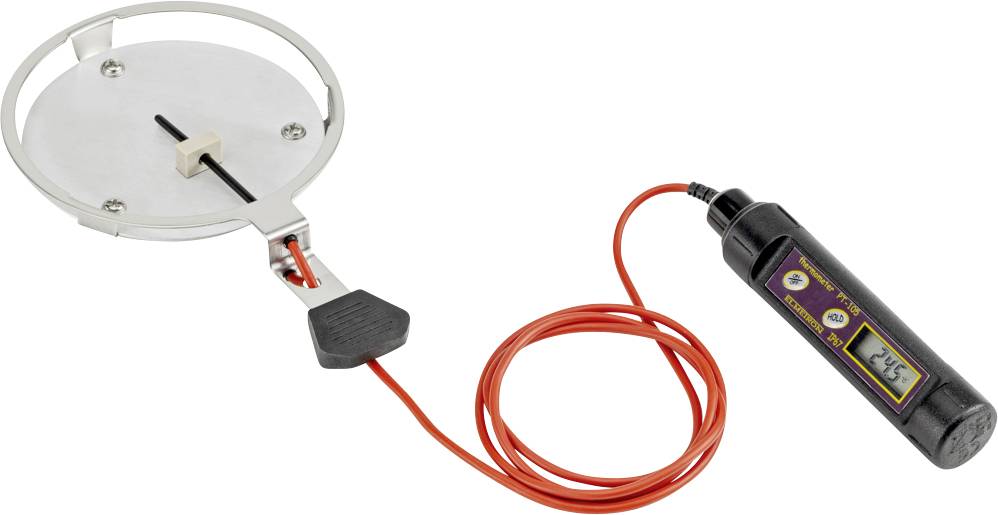 Ein rundes Heizelement, das durch ein rotes Kabel mit einem digitalen Regler verbunden ist. Der Regler zeigt eine Temperaturanzeige an.