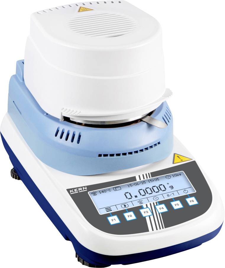 Ein digitales Laborfeuchtmessgerät mit Anzeigedisplay für Messwerte. Es hat ein blau-weißes Gehäuse und Sicherheitswarnungen sind sichtbar.