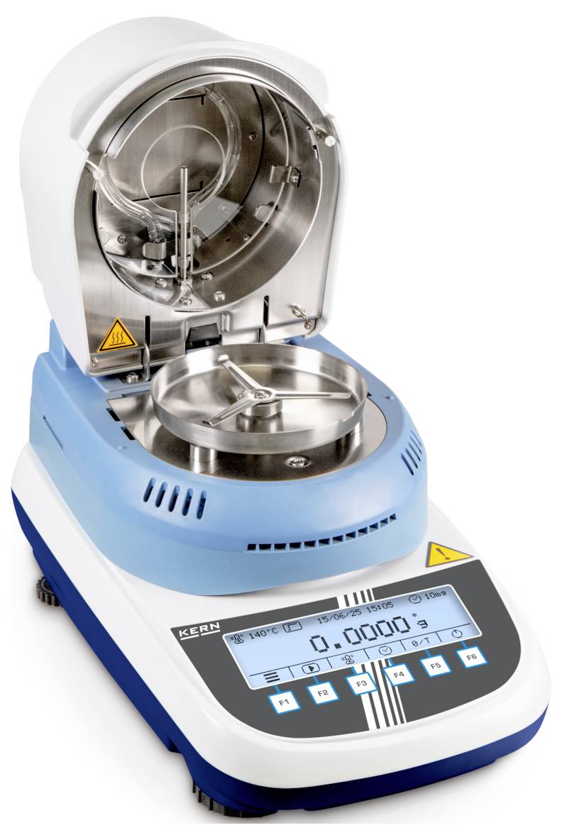 Laborfeuchteanalysator mit geöffnetem Deckel, der die Probenkammer und das digitale Bedienfeld mit Tasten und Bildschirm zeigt.