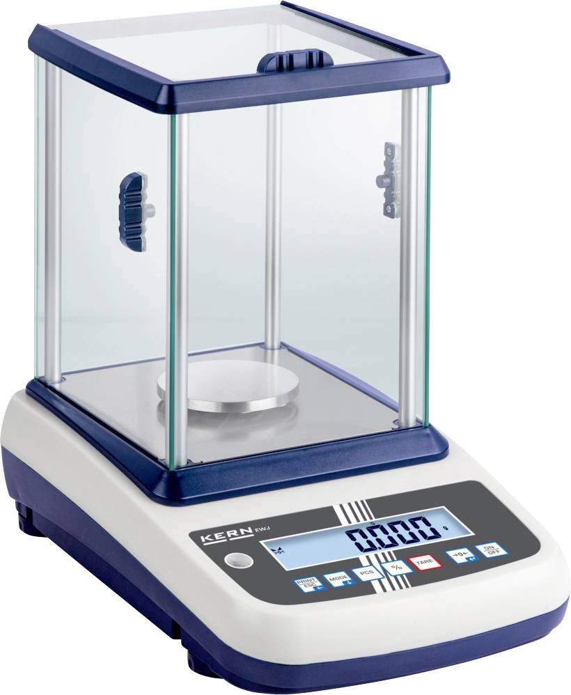 Eine digitale Analysenwaage mit durchsichtiger Schutzvorrichtung, blauer Umrandung und einer digitalen Anzeige, die „0.000 g