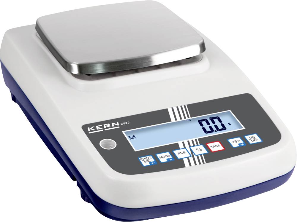 Eine digitale Laborwaage mit einem Display, das „0,0