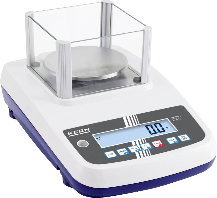 Eine digitale Präzisionswaage mit Glassichtschutz, auf deren Display „0,0