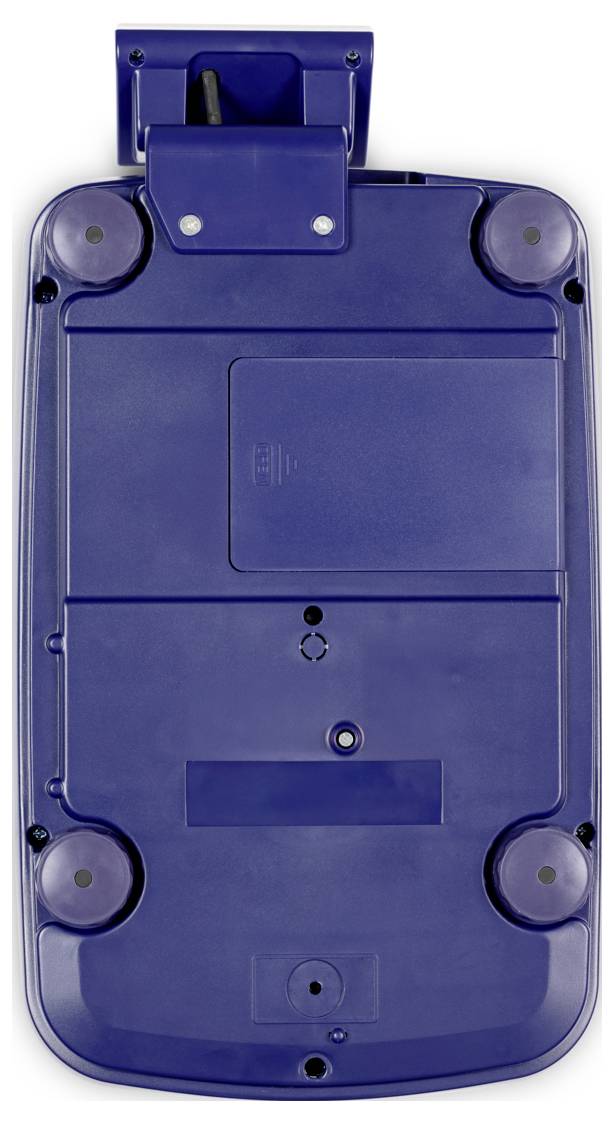 Unteransicht eines blauen elektronischen Geräts mit vier kreisförmigen Füßen, einem zentralen rechteckigen Fach und einem kleinen Bedienfeld auf einer Seite.