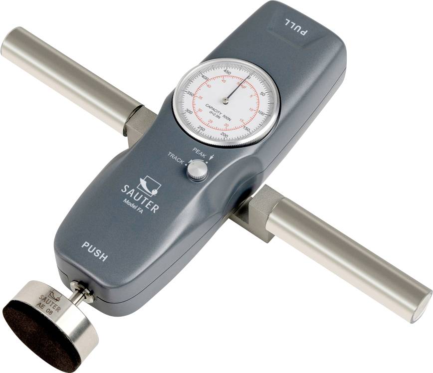 Ein grauer manueller Kraftmesser mit einem runden Zifferblatt und zwei silbernen Griffen wird zum Messen von Druck- und Zugkräften verwendet.