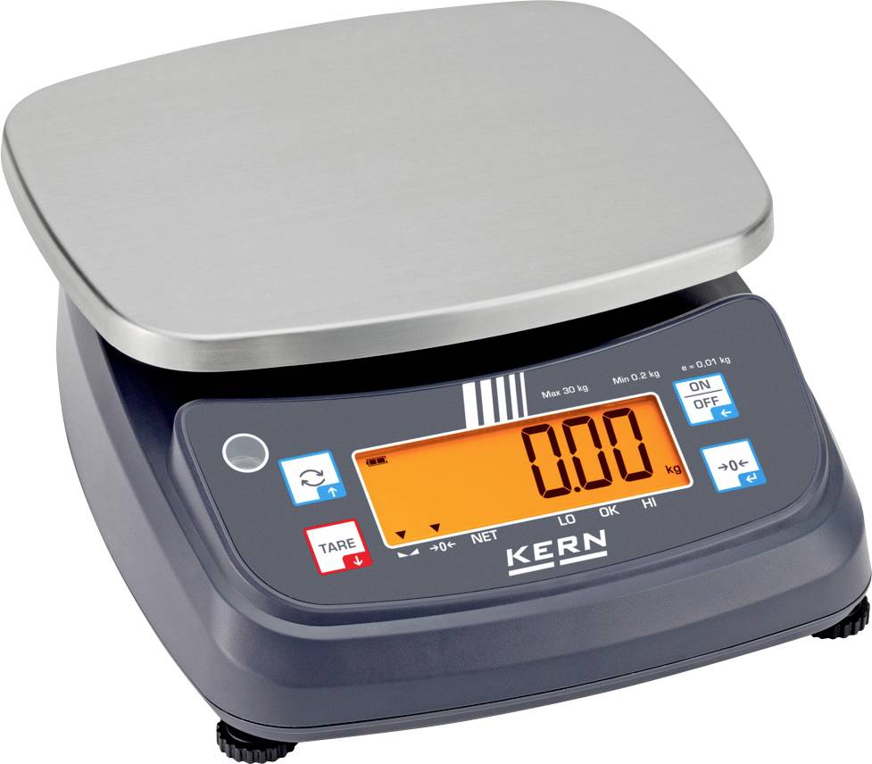 „Digitale Küchenwaage mit 0.00 auf einem beleuchteten Display, mit Tasten für Tara, Ein-/Ausschalten und Einheiten. Kapazität gekennzeichnet mit max. 20 kg.