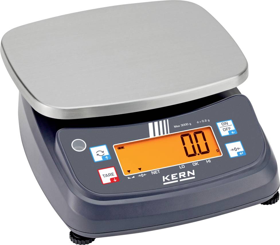 Digitale Küchenwaage mit 0,0 auf einem orangefarbenen Display, mit Tasten für Tara, Einheit und Ein-/Ausschalter auf schwarzem Sockel und Metallwiegeplattform.