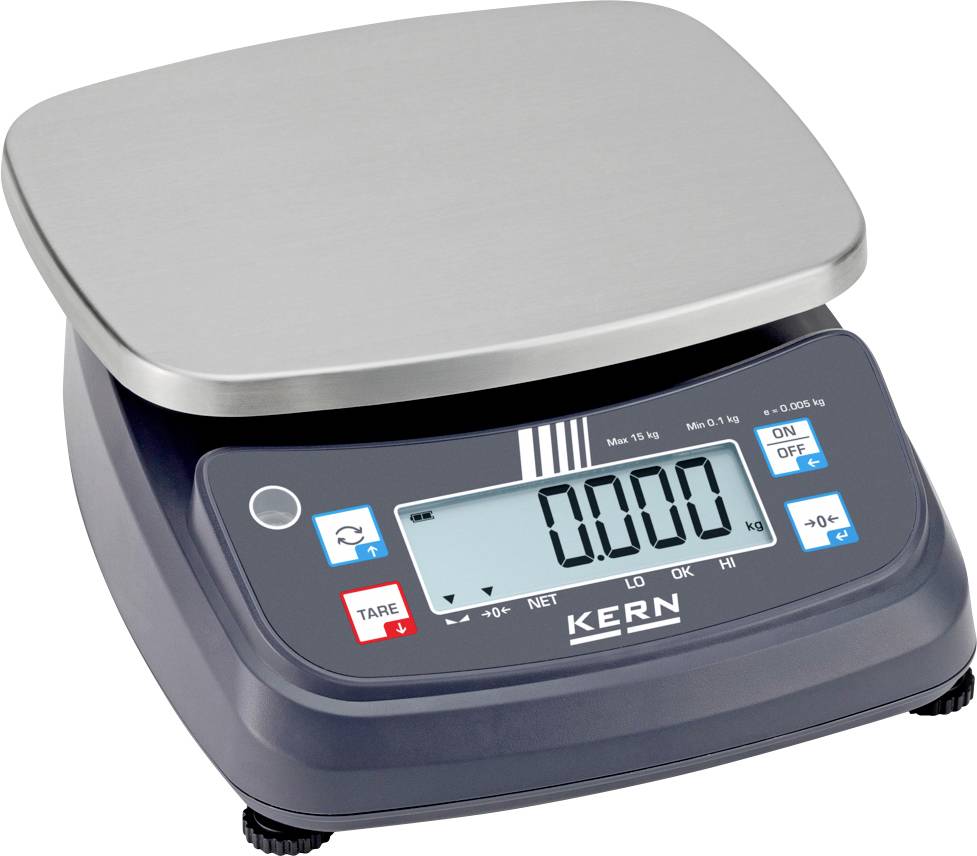 Digitale Küchenwaage mit einer Edelstahlplattform und einem LCD-Display, das 0.000 anzeigt. Zeigt Tasten für Tara, Einheitenumrechnung und Stromversorgung.