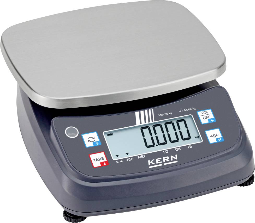 Eine digitale Waage mit einer Metallplattform und einem Display, das „0.000