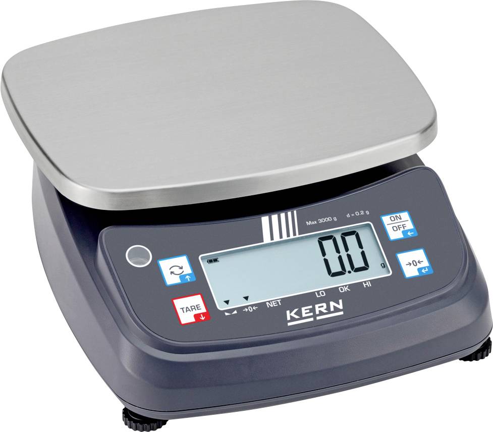 Digitale Küchenwaage mit Edelstahlplattform und LCD-Display, zeigt ein Gewicht von 0,0 Gramm an. Mit Tasten für „EIN/AUS