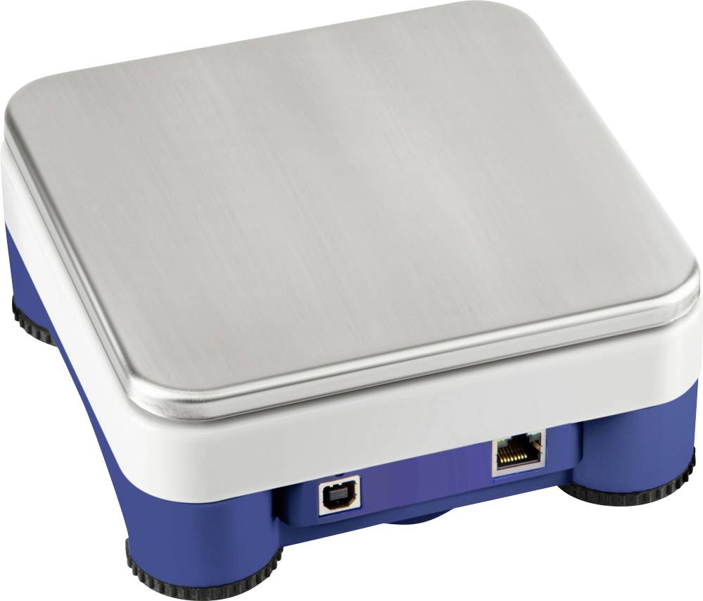 Eine kleine digitale Waage mit einer Edelstahlplattform und blauem Sockel; Anschlussanschlüsse sind an der Vorderseite sichtbar.