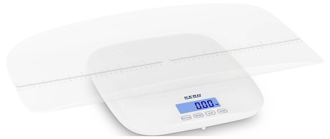 Weiße digitale Küchenwaage mit 0,00 kg Anzeige auf blau beleuchteten Bildschirm, gekennzeichnet mit Tasten für Start, Modus, Einheit und Halten.