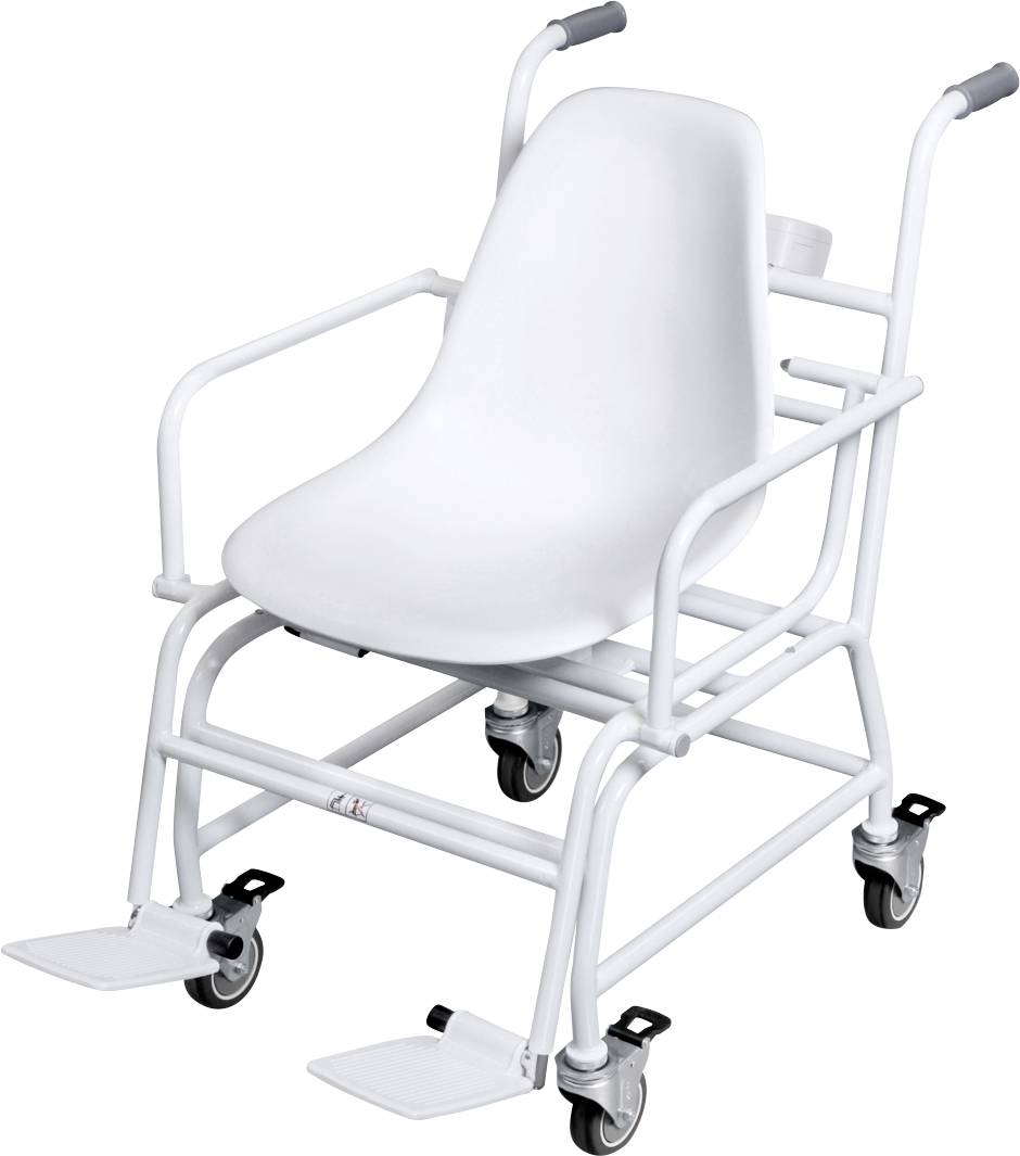 Weißer Dusch-Toilettenstuhl mit Armlehnen, Fußstützen und Rädern, entwickelt für behinderte oder ältere Menschen für sicheres Duschen.