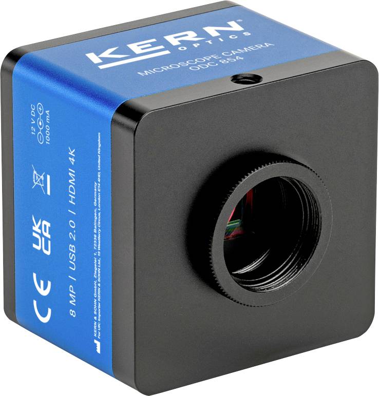 Eine schwarze und blaue KERN ODC 864 Mikroskopkamera, 8 MP mit USB 2.0 und HDMI 4K Anschlüssen, mit verschiedenen Zertifizierungssymbolen.