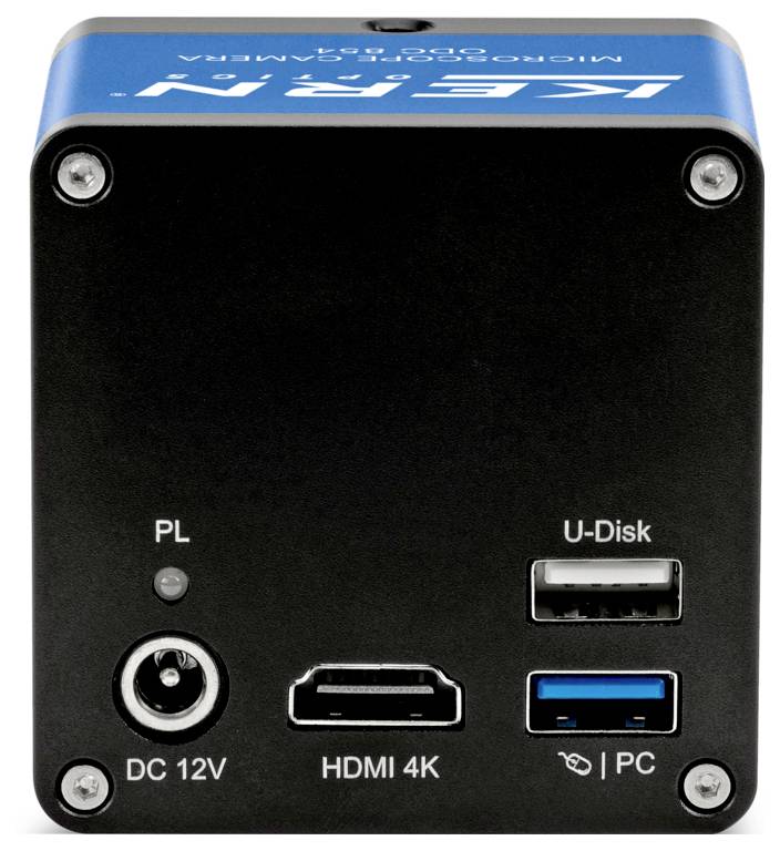 Dies ist die Rückansicht eines schwarzen rechteckigen elektronischen Geräts mit einer Stromversorgungseingabe mit der Bezeichnung „DC 12V