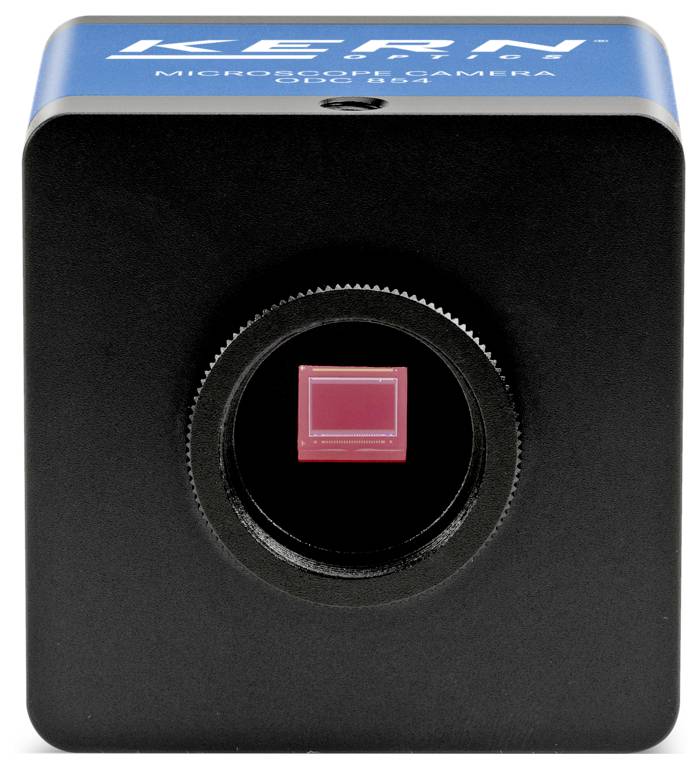 Eine schwarz-blaue digitale Mikroskopkamera mit einem roten Bildsensor in der Mitte, entwickelt zur Erfassung präziser wissenschaftlicher Bilder.