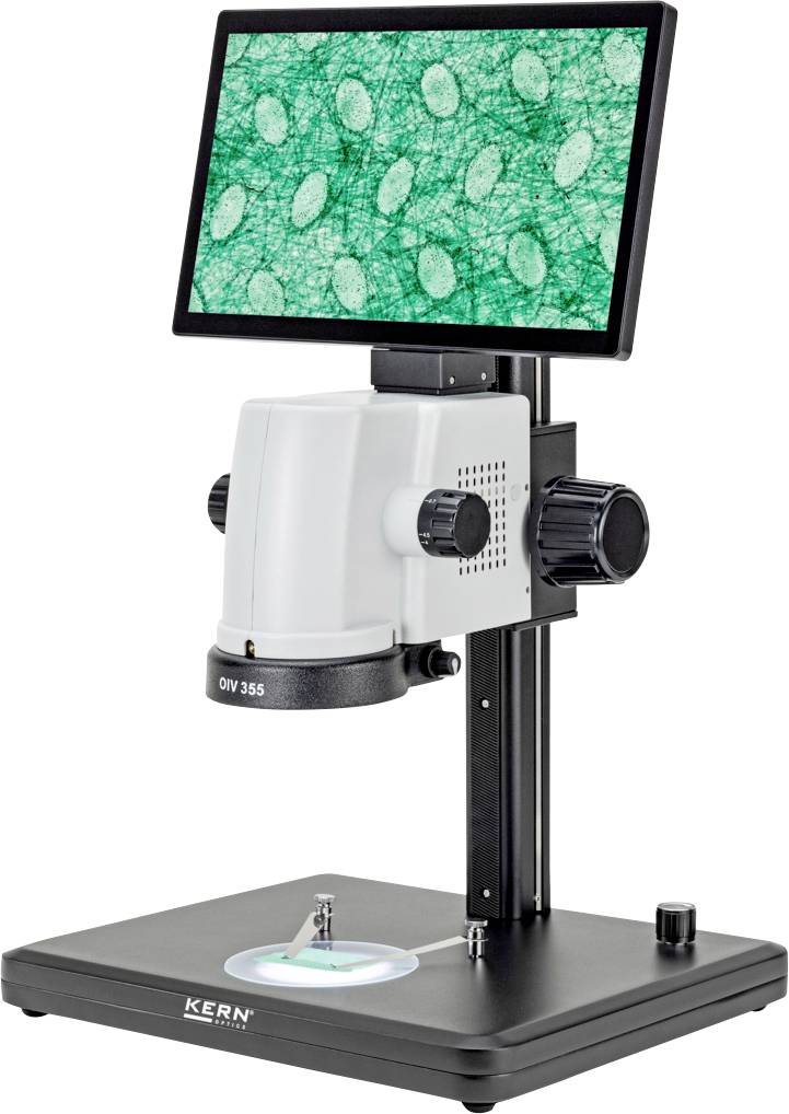 Digitales Mikroskop mit grüner Zellstruktur auf dem Bildschirm.