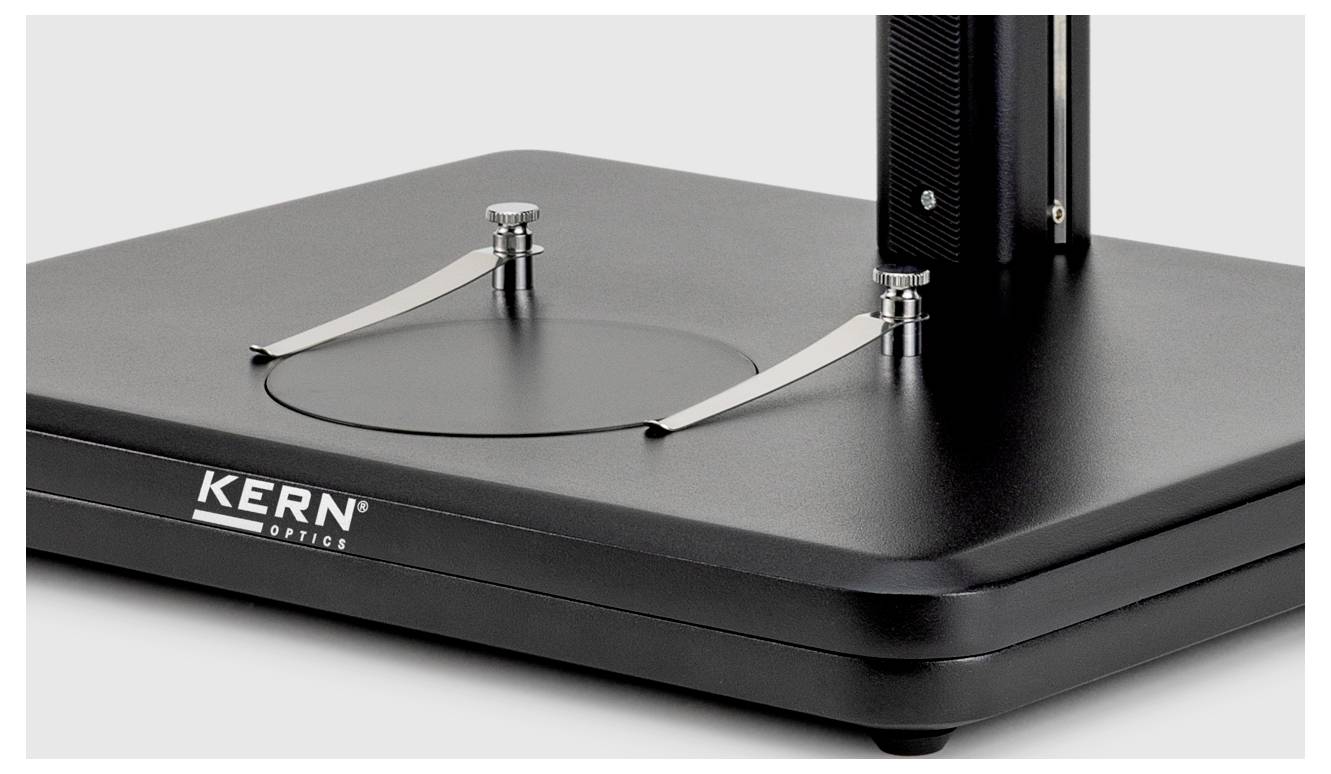 Ein schwarzer Mikroskopständer mit flacher Basis und verstellbaren Armen, mit der Marke 