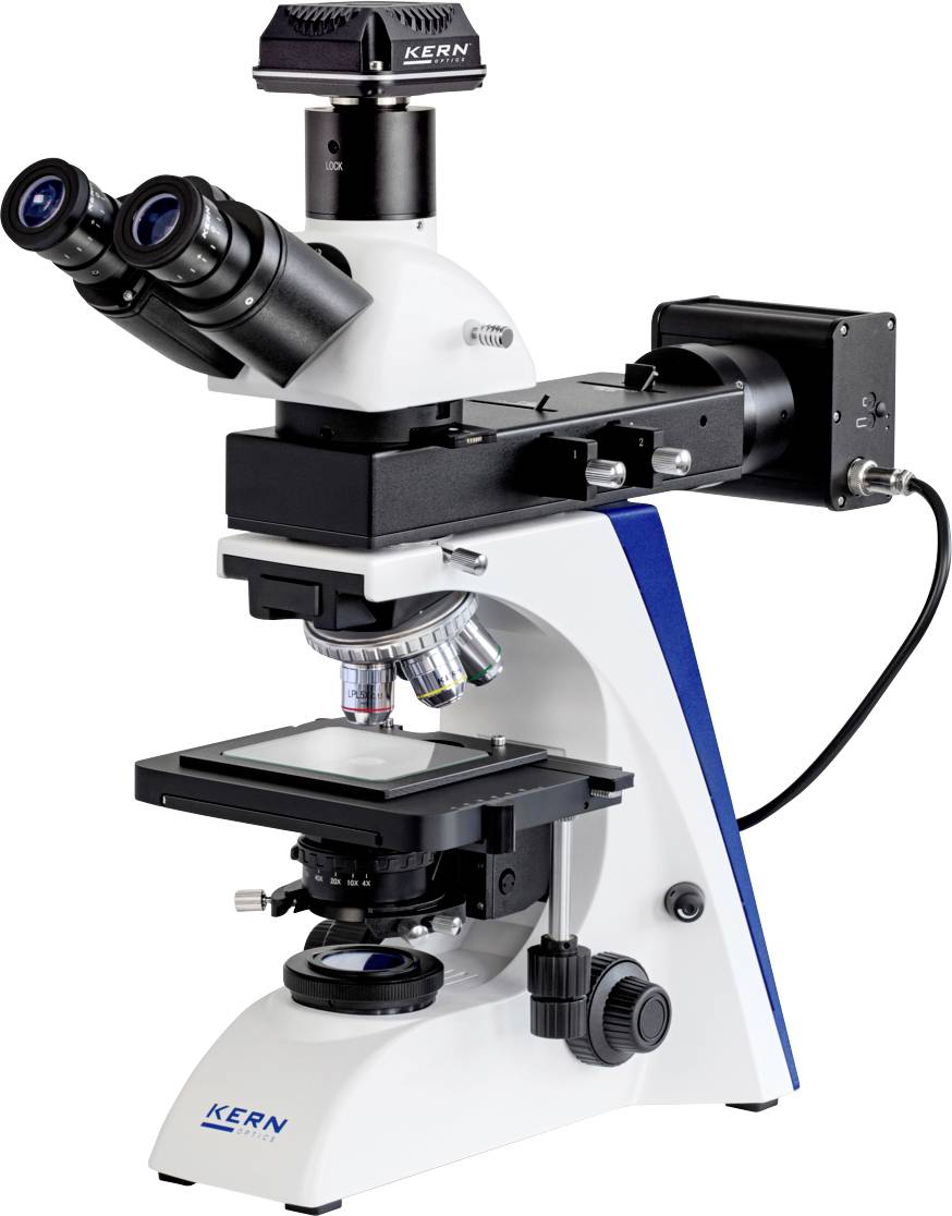 Ein Verbundmikroskop mit gekennzeichneten Teilen, einschließlich Okulare, Objektive, Objekttisch und Fokussierkörbe. Wird zur Vergrößerung kleiner Proben verwendet.