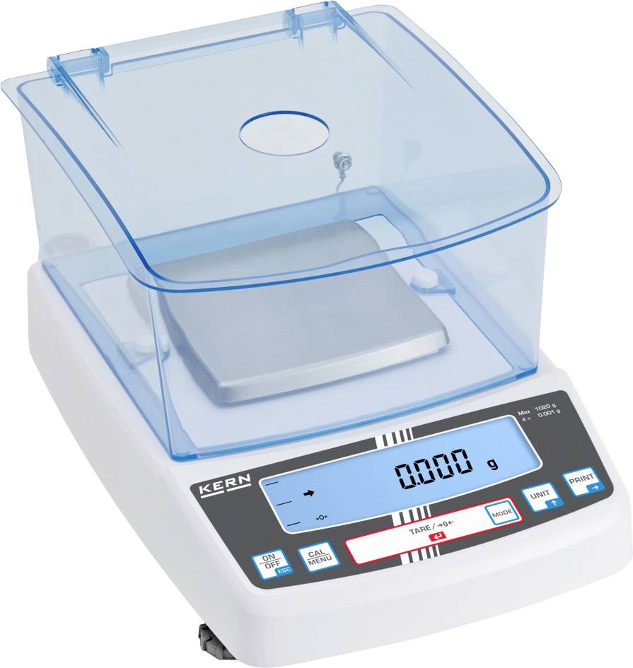 Eine digitale Präzisionswaage mit transparentem blauem Deckel, die auf ihrem Display eine Anzeige von „0,000