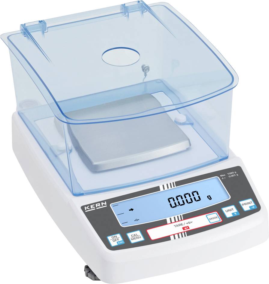 Eine digitale Laborwaage mit transparenter Abdeckung und einem Display, das 