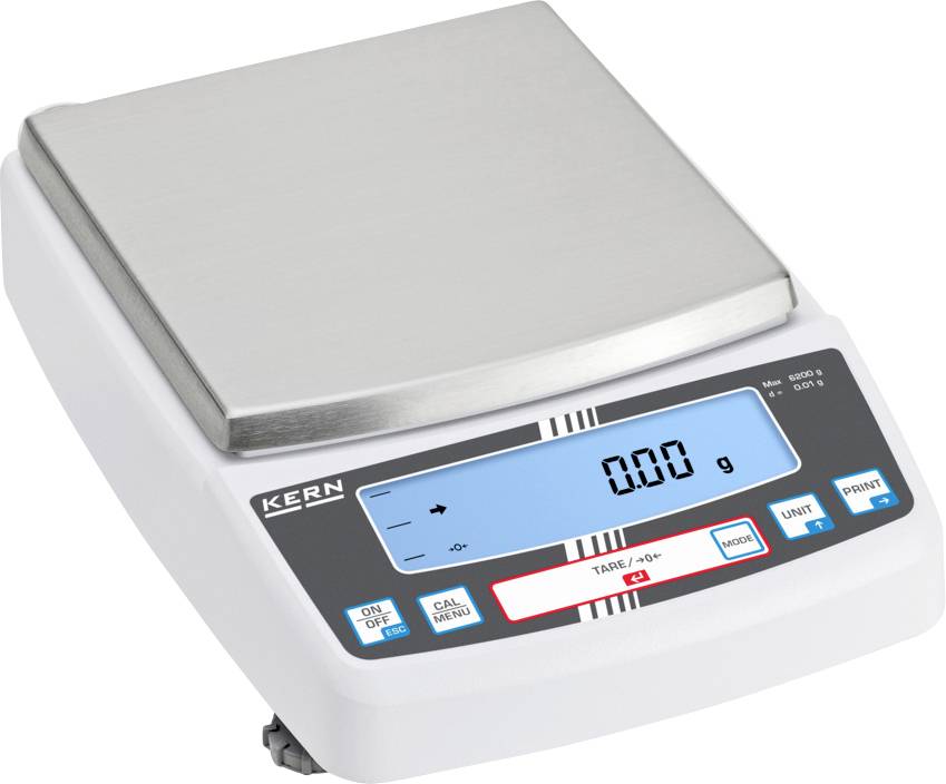 Digitale Küchenwaage mit einer Edelstahlplattform, einem beleuchteten LCD-Display mit der Anzeige „0,00 g