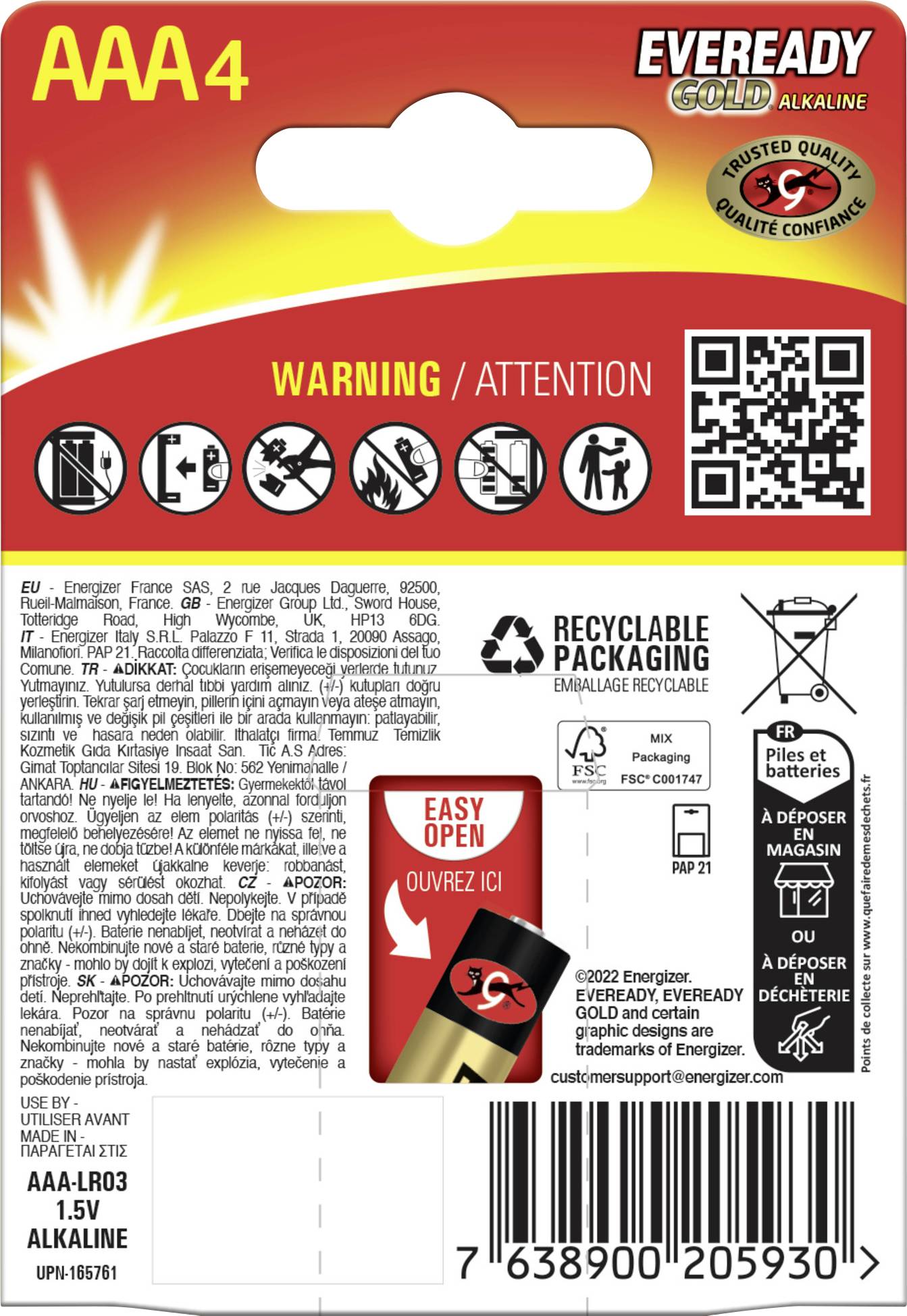 Rückseite einer Packung Eveready Gold AAA-Alkali-Batterien mit Sicherheitswarnungen, Recyclinginformationen und QR-Code für Produktdetails.