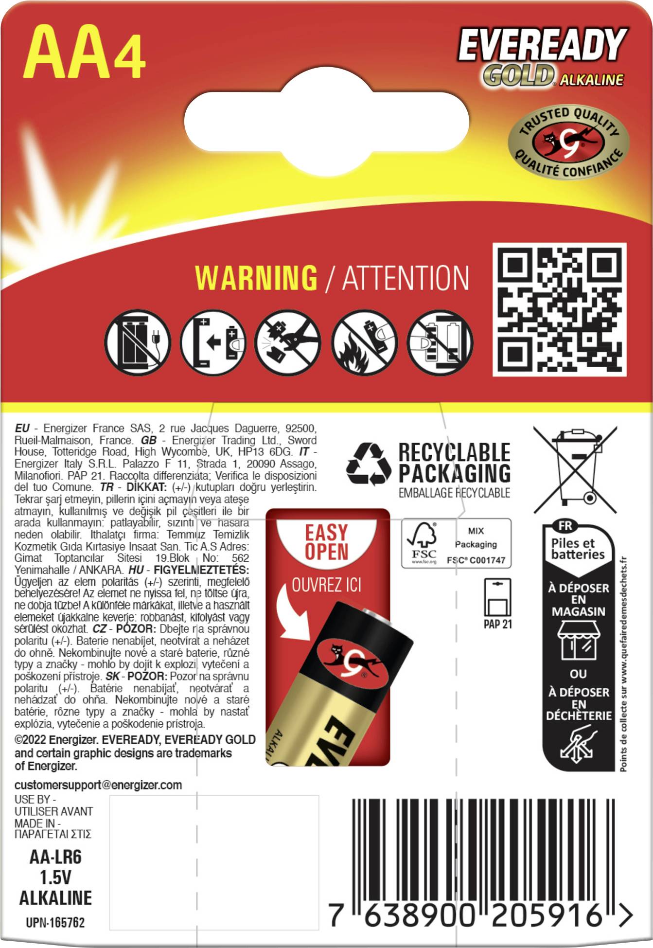 AA4 Eveready Gold Alkaline Batterien Verpackung. Highlights umfassen Warnhinweise, recycelbare Verpackung und leichte Öffnungsanweisungen.