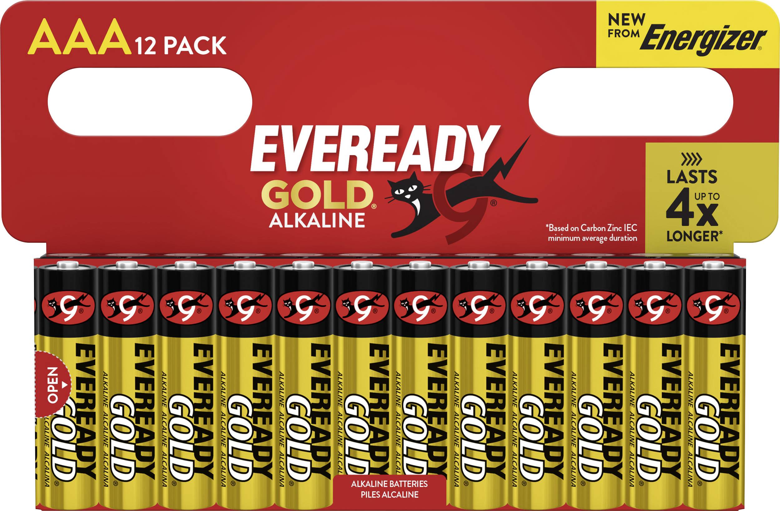 12er-Pack AAA Eveready Gold Alkaline-Batterien mit bis zu vier Mal längerer Lebensdauer. Neu von Energizer.