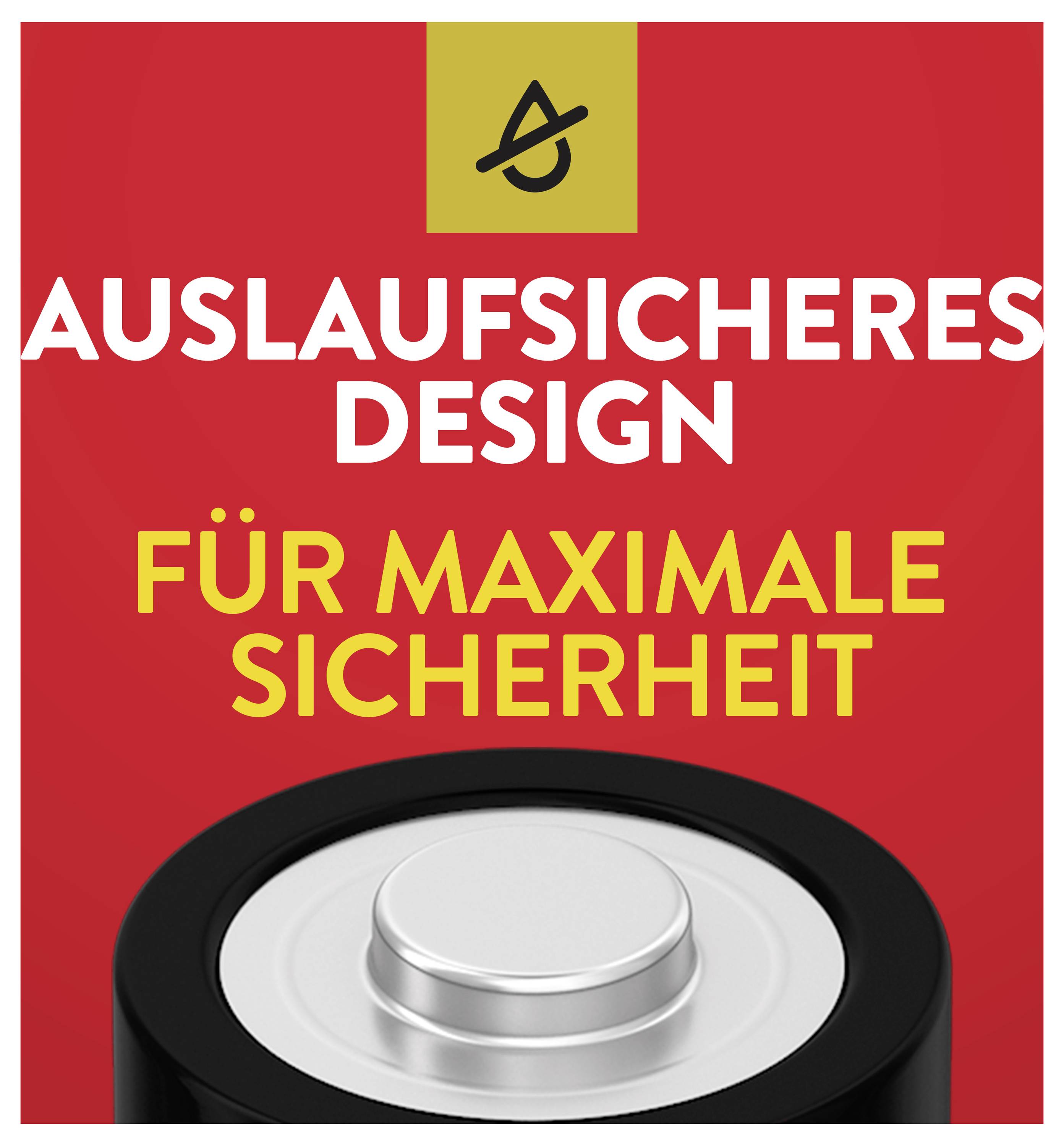 Eine Nahaufnahme einer Batterie auf rotem Hintergrund. Text: 'Auslaufsicheres Design für maximale Sicherheit'.