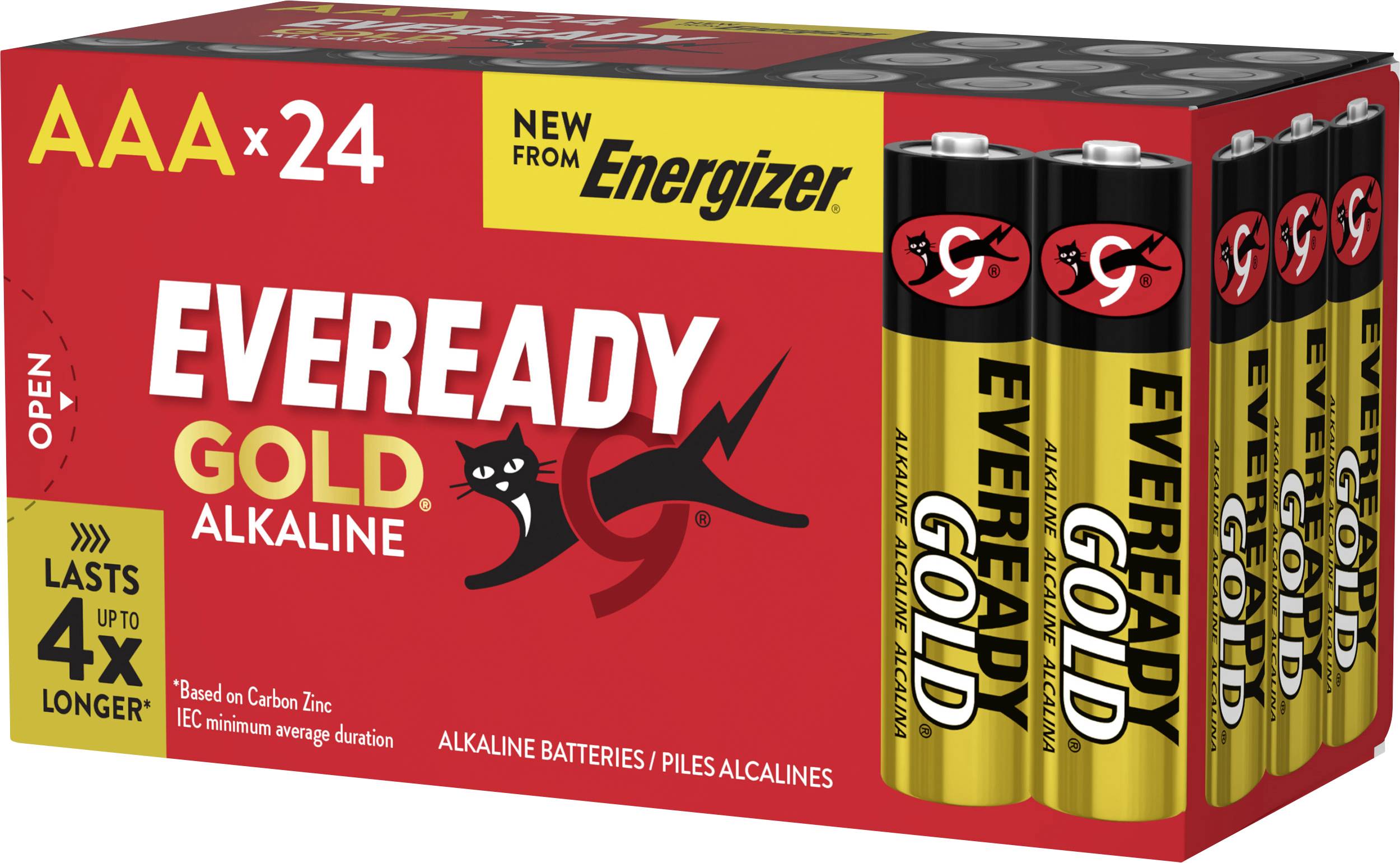 „Eveready Gold Alkaline AAA-Batterien, 24er-Pack, halten bis zu 4x länger. Neu von Energizer. Die Packung zeigt eine Grafik einer laufenden Katze.