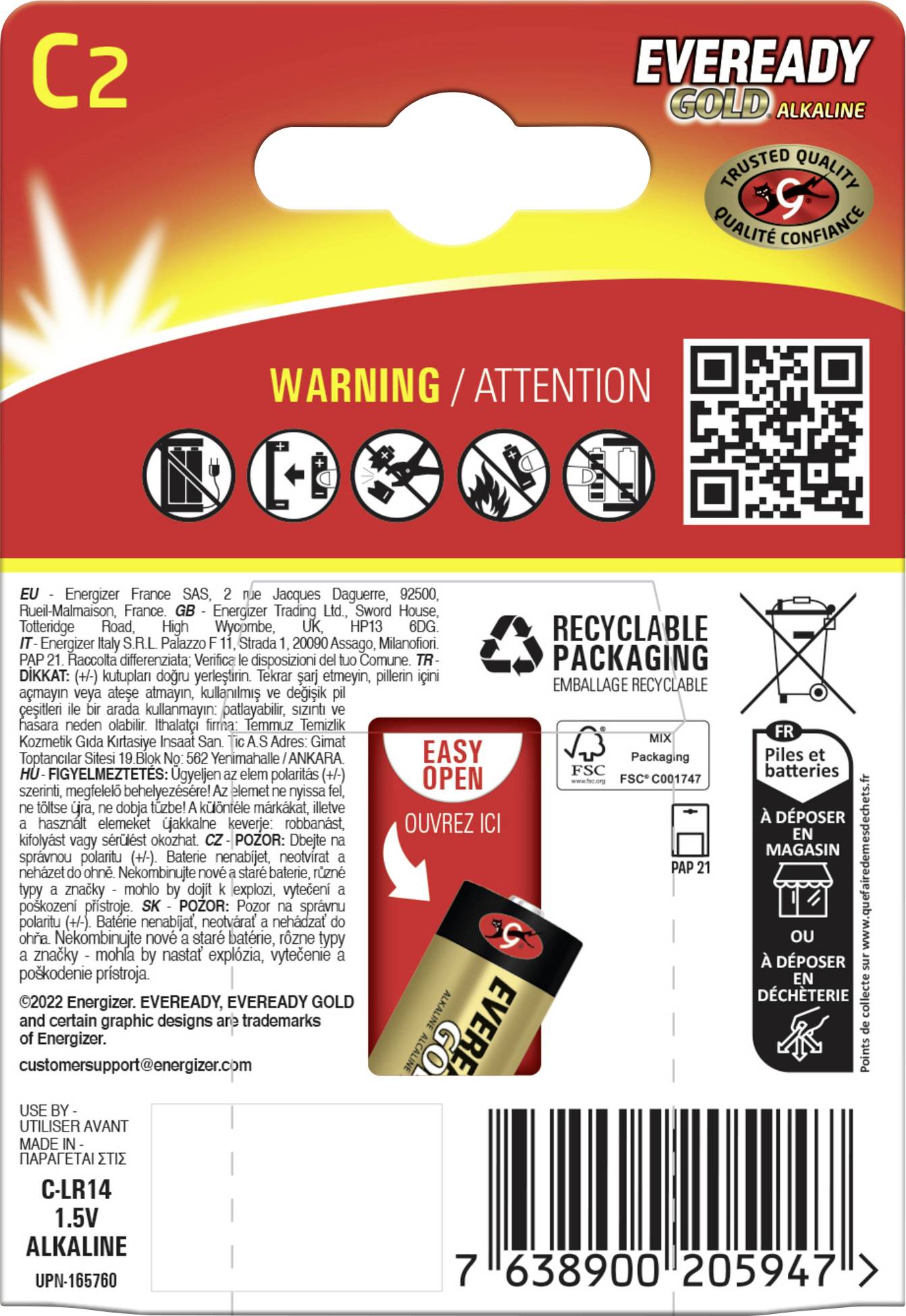 Recycelbares Verpackungsmaterial von Eveready Gold C2 Alkalibatterien. Enthält Warnhinweise, Gebrauchsanweisungen, Barcode und Recycling-Symbole.