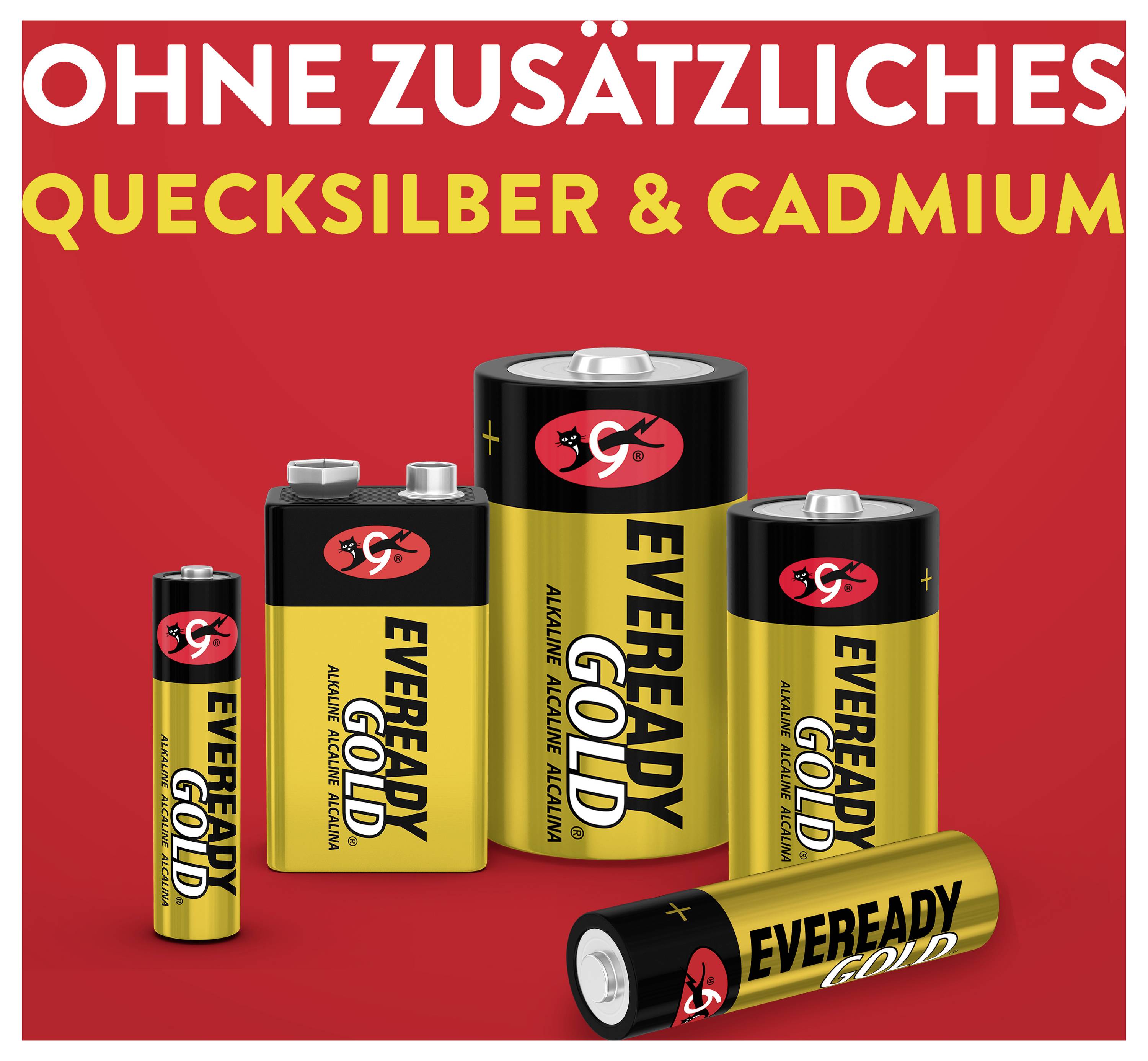 Batterien der Marke Eveready Gold in verschiedenen Größen auf rotem Hintergrund. Text oben: 'Ohne zusätzliches Quecksilber & Cadmium'.