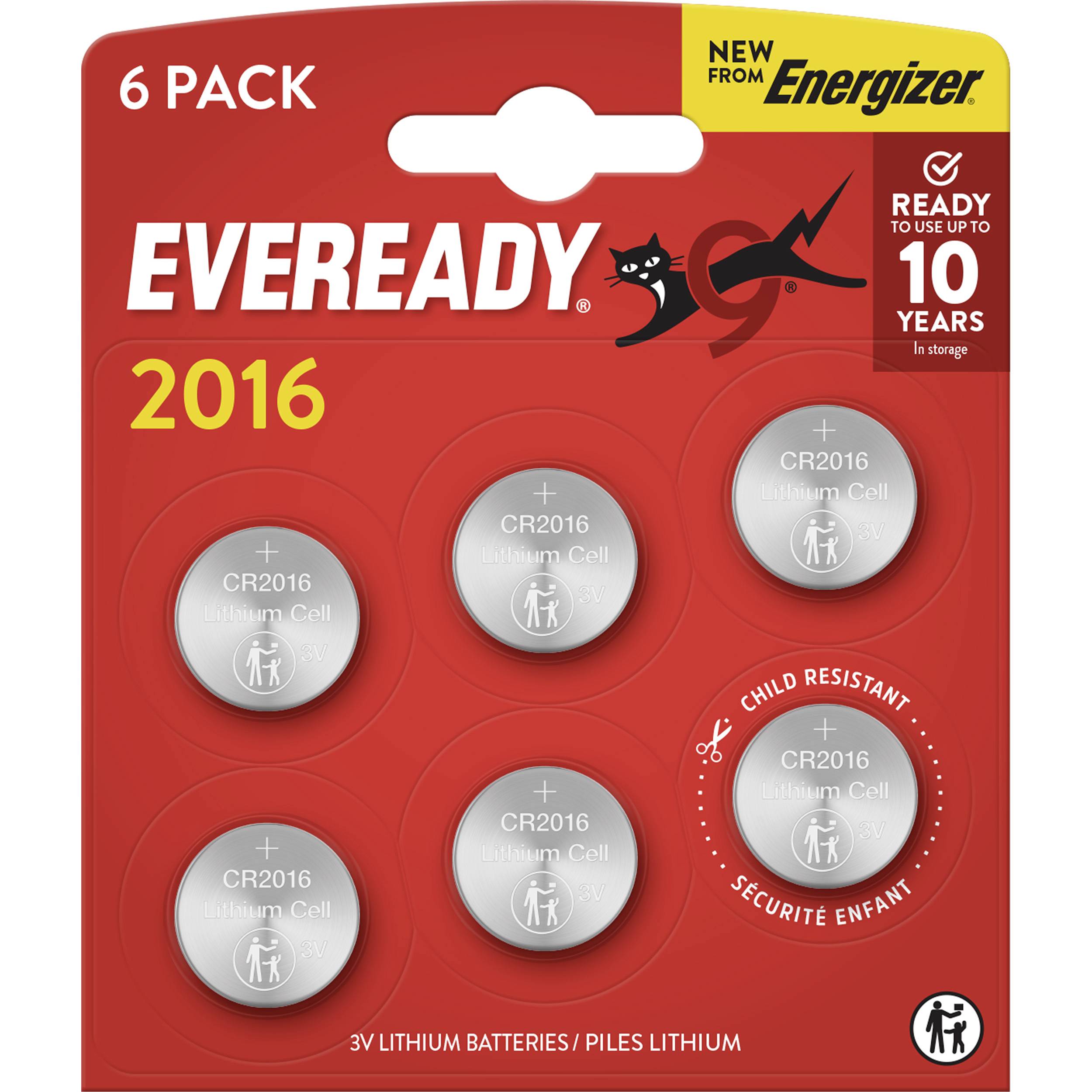 Ein Paket mit sechs Eveready CR2016 Lithium-Knopfzellen, gekennzeichnet als kindersicher und mit einer Lagerfähigkeit von bis zu 10 Jahren.