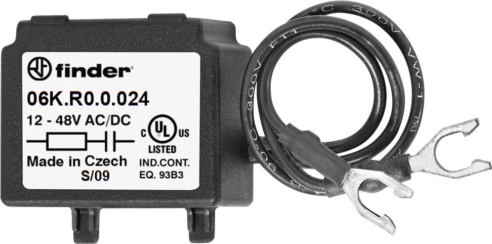 Finder-Relaismodul, Modell 06K.R0.0.024, für 12-48V AC/DC-Verwendung, hergestellt in der Tschechischen Republik. Beinhaltet UL- und CE-Zertifizierungslogos.