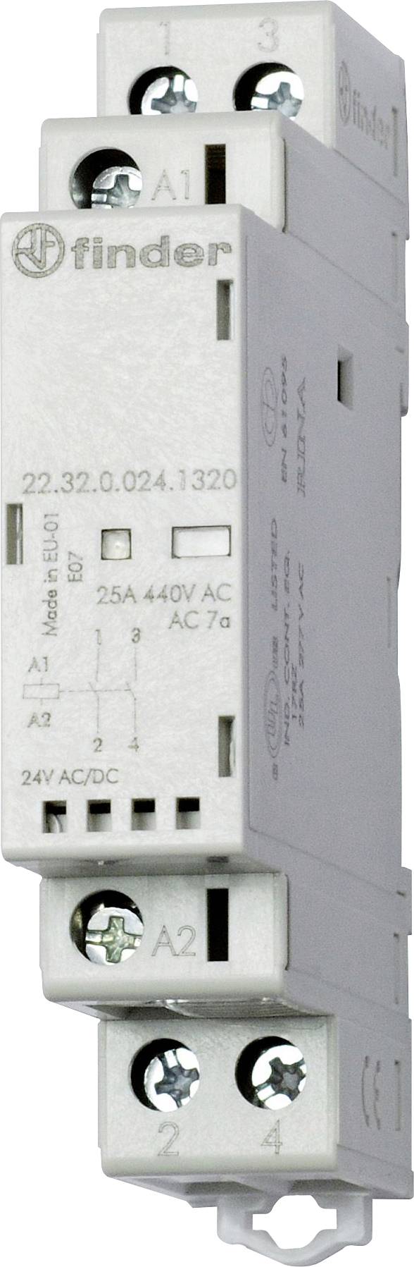 Ein weißes Finder-Relais mit der Modellnummer 22.32.0.024.1320 auf der Seite aufgedruckt, das Spezifikationen wie 25A, 440V AC und Anschlüsse für A1 und A2 anzeigt.
