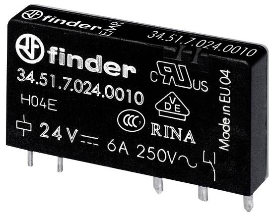 Finder 34.51.7.024.0010 Relais, 24V, 6A, 250V, mit Zertifizierungszeichen. Schwarz, rechteckig, 5 Stifte, hergestellt in der EU.