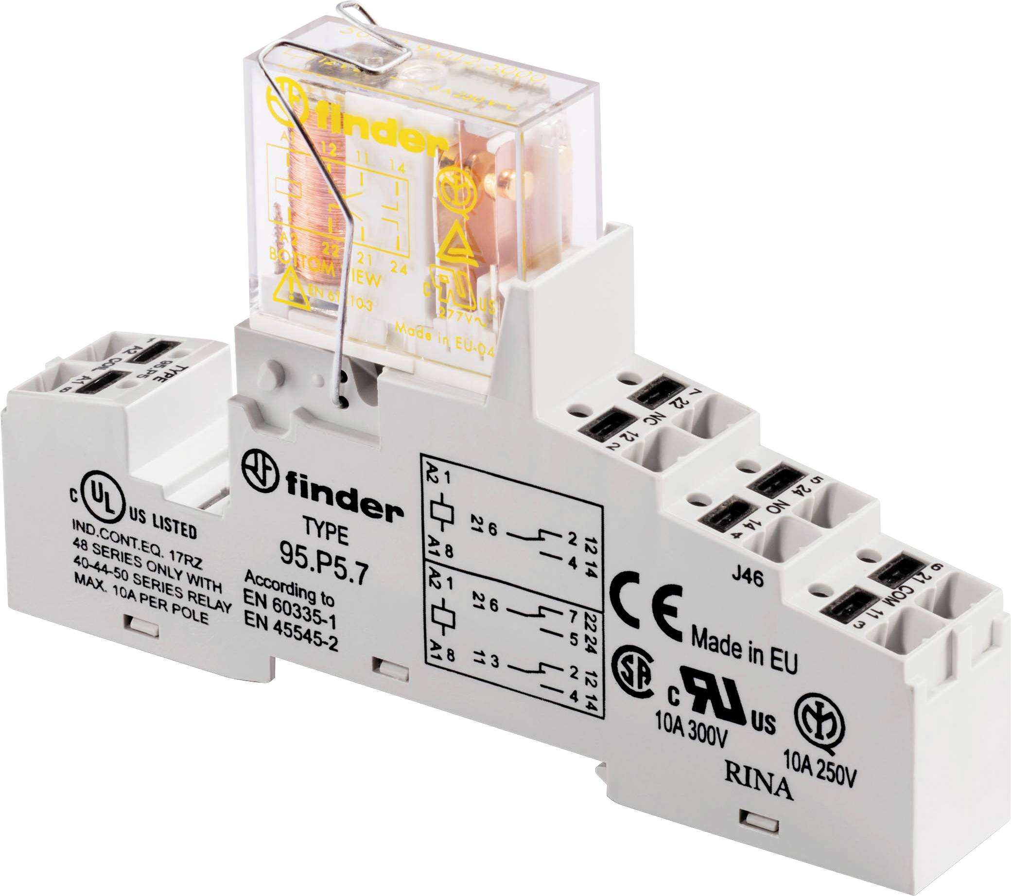 Ein Schütz-Relais Modell 95.P5.7 von Finder ist auf einer weißen DIN-Schienenfassung montiert und zeigt Zertifizierungszeichen an.