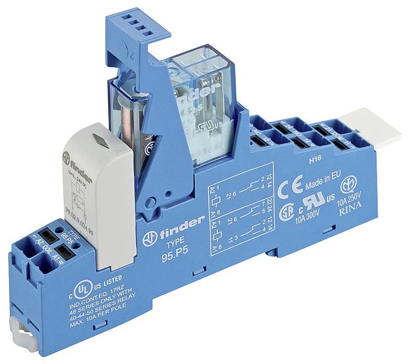 Blaues Elektrelais-Modul mit gekennzeichneten Anschlüssen, zeigt ein transparentes Relais und weißes Seitenetikett. Wird für Schaltkreissteuerung und Automatisierung verwendet.