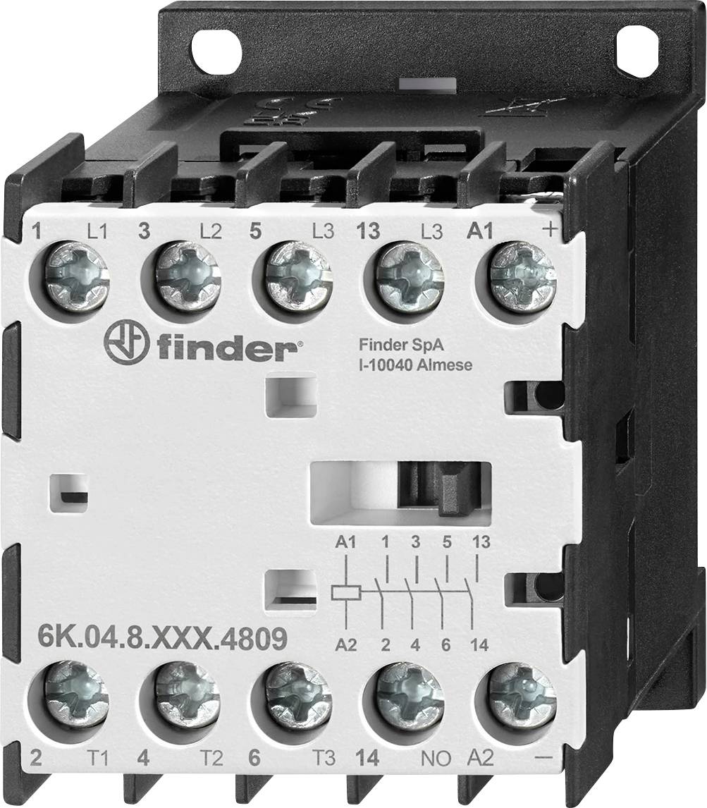 Ein schwarzer und weißer elektrischer Schütz mit beschrifteten Anschlüssen und Schrauben, Modellnummer '6K.04.8.XXX.4809' von Finder SpA Almese.