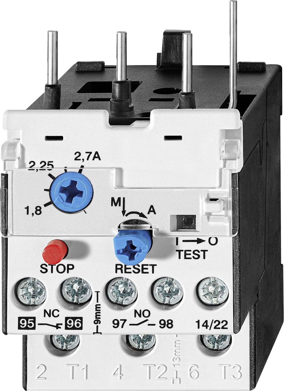 Ein elektronisches Relais mit beschrifteten Komponenten, einschließlich der Tasten „Stop