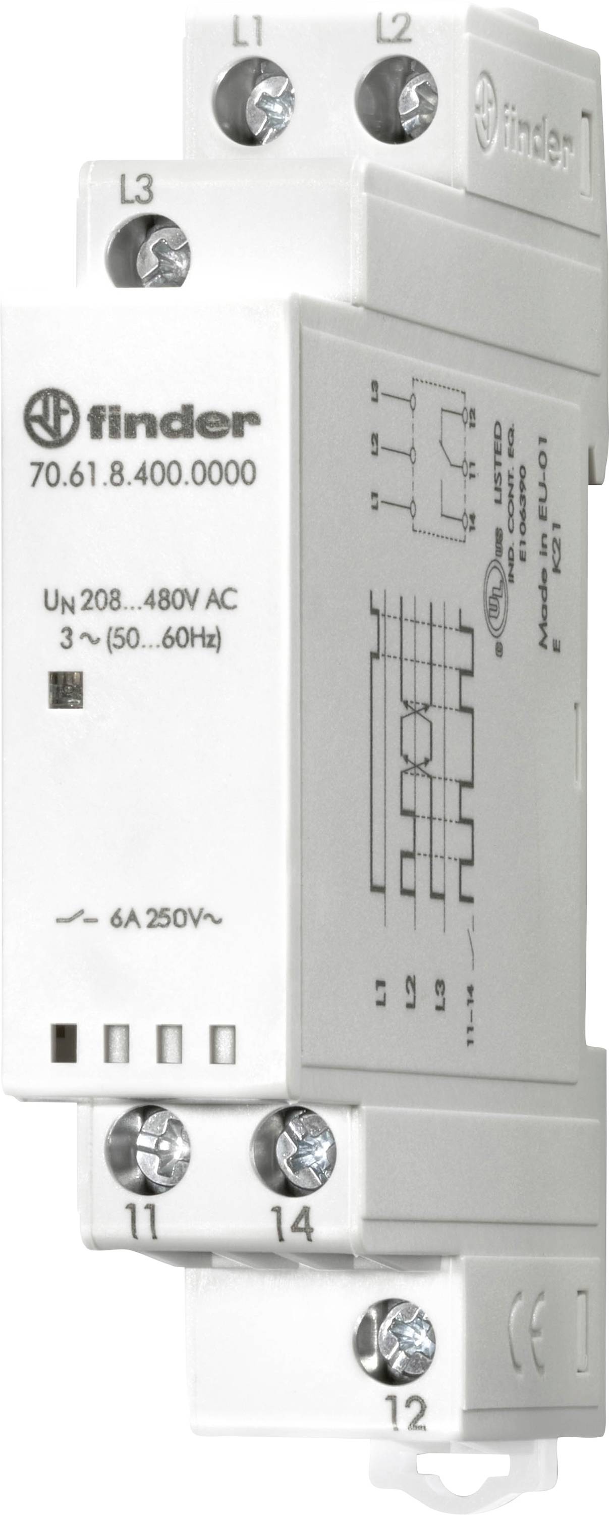 Das Bild zeigt ein Finder-Relaisschalter-Modell 70.61.8.400.0000, ausgelegt für 208-480V AC und 6A/250V. Das Gerät verfügt über Schaltpläne an seiner Seite.