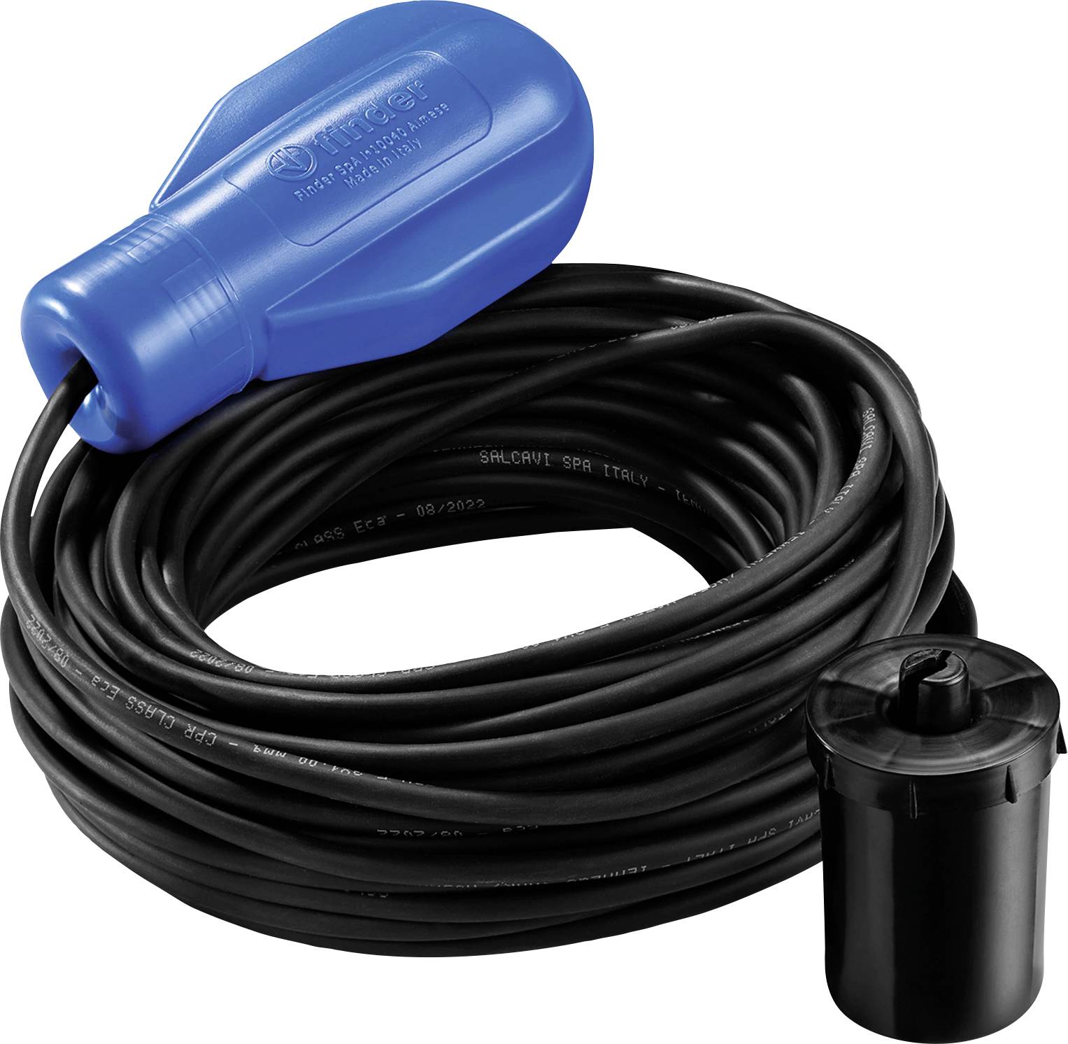Ein blauer Schwimmer mit einem langen schwarzen Kabel und einem zylindrischen schwarzen Gewicht, verwendet zur Kontrolle des Wasserstands in Tanks oder Sumpfgruben.