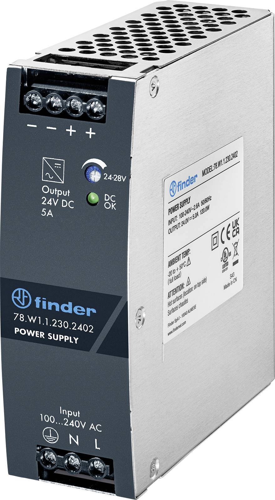 Eine silberfarbene und schwarze elektronische Stromversorgungseinheit mit der Bezeichnung „Finder